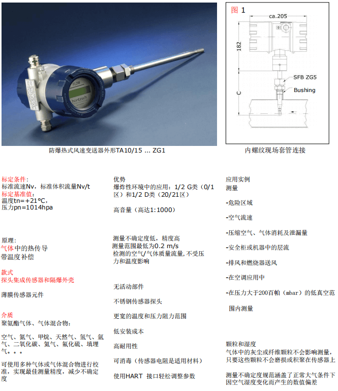 Hontzsch虹啟防爆熱式風速、風量變送器 TA10/15...ZG1參數